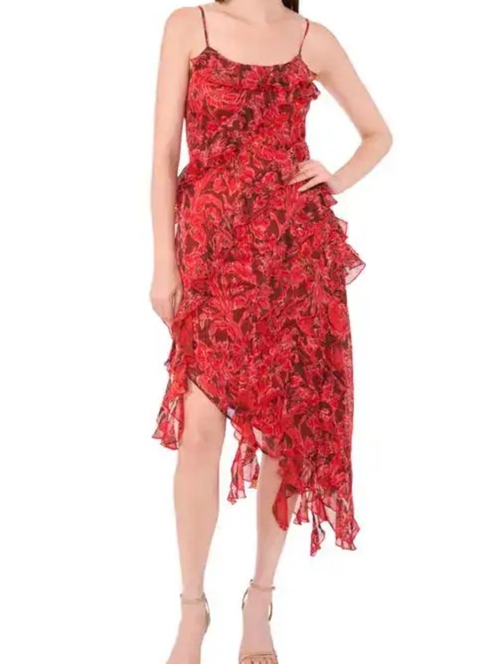 Parker The Ida Red Floral Asymmetrical Slip Dress
